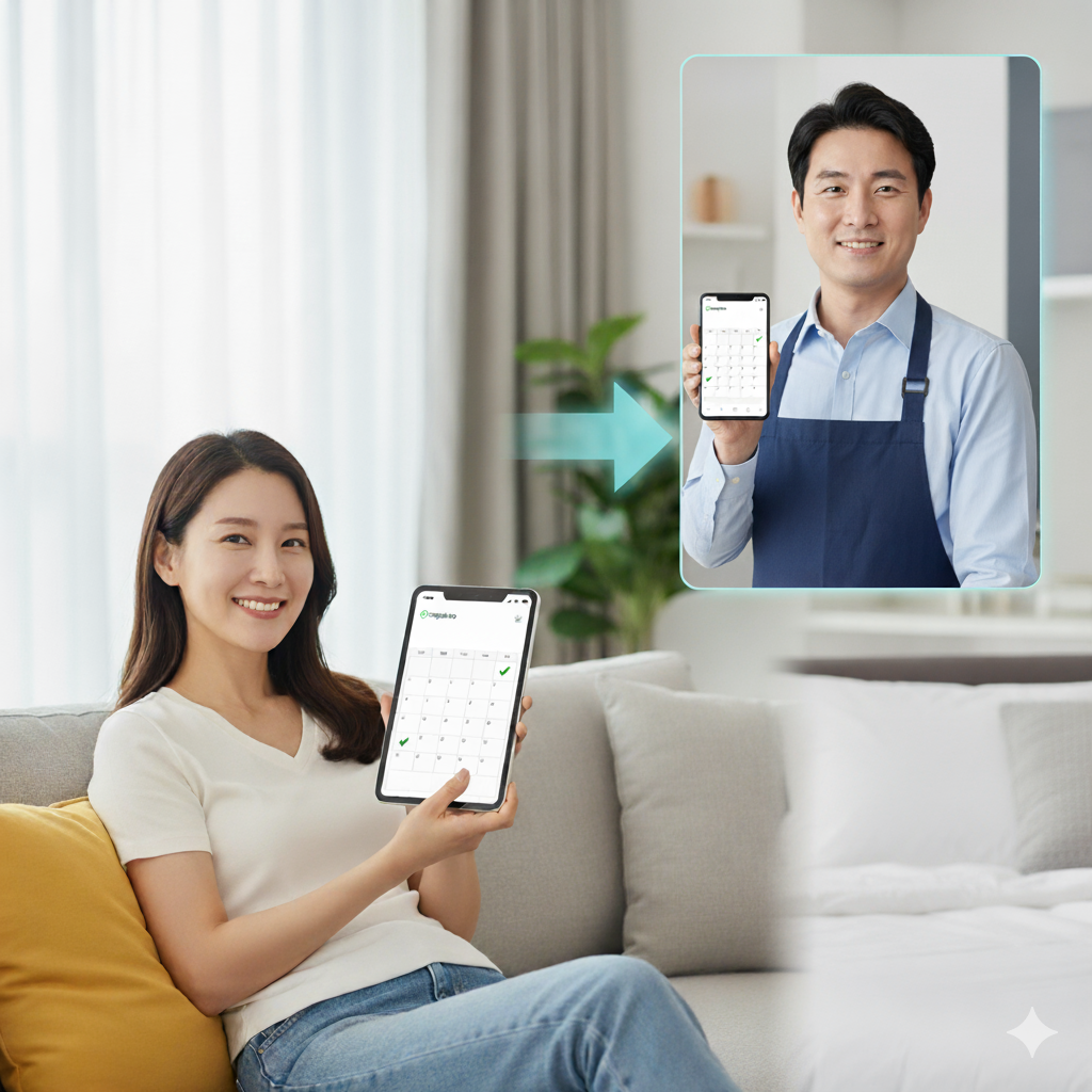 Host managing cleaning schedule with tablet and cleaner with smartphone